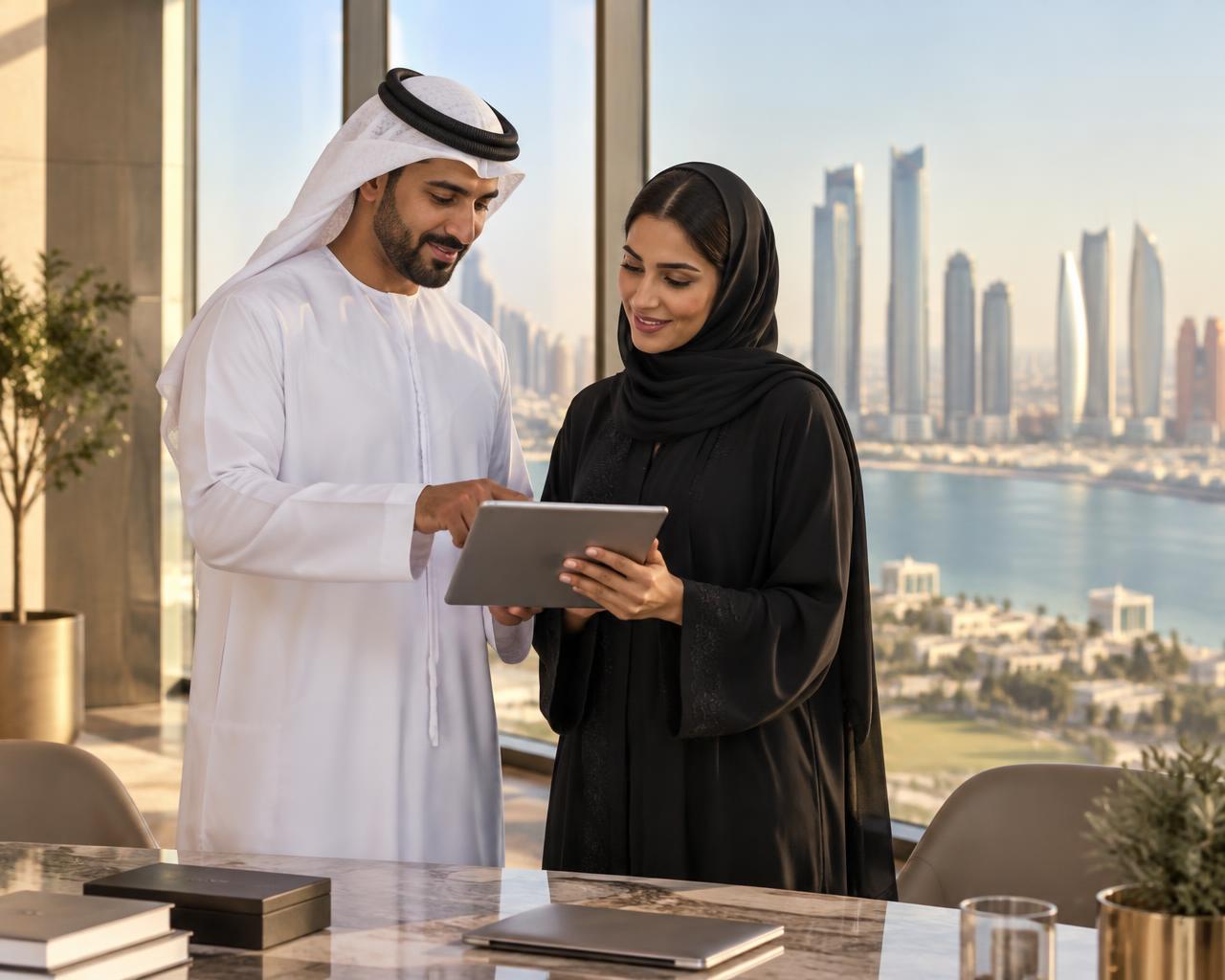 فريق أعمال إماراتي يراجع خططًا تجارية في مكتب بأبو ظبي